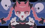  1girl :d animal_ears bangs black_bow black_nails blush bow braid cat_ears dress extra_ears fang fangs gao hair_bow highres hitodama kaenbyou_rin letterboxed long_sleeves looking_at_viewer nail_polish open_mouth outline outside_border red_eyes redhead roserose626 skin_fangs skull smile solo touhou twin_braids white_outline 