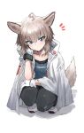  1girl ahoge animal_ear_fluff animal_ears arknights bangs black_legwear blue_eyes blue_shirt blush brown_hair closed_mouth collarbone commentary_request eyebrows_visible_through_hair fox_ears fox_girl fox_tail full_body gloves hair_between_eyes hand_up highres jacket looking_at_viewer notice_lines pantyhose raw_egg_lent shadow shirt shoes solo squatting sussurro_(arknights) tail white_background white_footwear white_gloves white_jacket 
