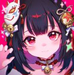  1girl :3 absurdres bangs bell black_hair blush choker claw_pose close-up eyelashes face fox_mask frills hair_ornament hand_up highres looking_at_viewer mask mask_on_head minj_kim neck_bell original pink_background red_eyes red_theme short_hair solo 