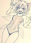  1girl bow breasts cirno commentary_request covered_navel d-m_(dii_emu) dutch_angle eyebrows_visible_through_hair eyelashes fairy_wings greyscale hair_bow ice ice_wings looking_at_viewer monochrome one-piece_swimsuit short_hair swimsuit touhou traditional_media v wings 