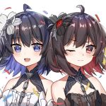  2girls :d bangs black_dress black_flower blue_eyes blue_hair bob_cut closed_mouth confetti dress dual_persona flower hair_flower hair_ornament honkai_(series) honkai_impact_3rd huiyuanaideknight looking_at_viewer medium_hair multiple_girls one_eye_closed open_mouth red_eyes redhead seele_(alter_ego) seele_vollerei seele_vollerei_(stygian_nymph) sleeveless sleeveless_dress smile white_background white_dress white_flower 