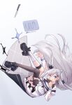  1girl asymmetrical_legwear belt black_legwear blue_hair dress earrings falling finger_to_mouth hair_cones highres hololive jewelry knife limebarrel looking_at_viewer pleated_skirt pouch shoes skirt smile solo thigh-highs thigh_strap vestia_zeta white_dress white_hair white_legwear 