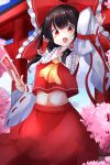  1girl :d ascot black_hair bow detached_sleeves frilled_shirt_collar frills gohei hair_bow hair_tubes hakurei_reimu happy highres looking_at_viewer midriff navel ofuda open_mouth red_bow red_eyes red_skirt ribbon-trimmed_sleeves ribbon_trim shimohuri_(novazz221) skirt skirt_set smile solo torii touhou wide_sleeves 