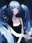  absurdres bad_id bad_twitter_id bangs black_dress black_eyes blue_hair blurry blurry_foreground bubble collarbone cowboy_shot dress eyebrows_behind_hair hatsune_miku highres houtei9 long_hair parted_lips sleeveless sleeveless_dress swept_bangs twintails underwater vocaloid 