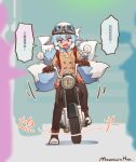  1girl ah_zhong_(mountain_han) animal_ears blue_hair blurry blurry_foreground boots brown_gloves brown_pants buttons chinese_text coat depth_of_field double-breasted driving ears_down fox_ears fox_tail gloves goggles goggles_on_headwear ground_vehicle helmet highres long_sleeves motor_vehicle motorcycle motorcycle_helmet mountain_han multiple_tails open_mouth original pants signature solo tail translation_request wide-eyed 