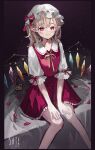  1girl blonde_hair crystal feet_out_of_frame flandre_scarlet hat highres knees_together_feet_apart looking_at_viewer mob_cap petals pointy_ears puffy_sleeves red_eyes red_skirt red_vest ribbon sate_usazirou shirt short_sleeves sitting skirt skirt_set solo touhou vest white_shirt wings 