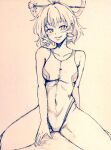  1girl breasts commentary_request covered_navel d-m_(dii_emu) eyebrows_visible_through_hair eyelashes greyscale hair_ornament hair_rings hair_stick kaku_seiga looking_at_viewer medium_breasts monochrome one-piece_swimsuit sitting swimsuit touhou traditional_media wariza 