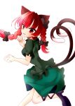  1girl animal_ears bow braid cat_ears cat_tail dress extra_ears foot_out_of_frame from_side highres kaenbyou_rin looking_at_viewer multiple_tails muumuu_(sirufuruteienn) nekomata puffy_sleeves red_eyes redhead simple_background solo tail tongue tongue_out touhou twin_braids white_background 