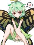  1girl anger_vein antennae aqua_hair blush butterfly_wings closed_mouth dress eternity_larva fairy feet_out_of_frame green_dress highres kayon_(touzoku) leaf leaf_on_head looking_at_viewer multicolored_clothes multicolored_dress one-hour_drawing_challenge orange_eyes pout short_hair short_sleeves simple_background solo spoken_anger_vein touhou white_background wings 