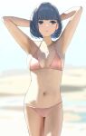  1girl absurdres armpits bangs bare_arms bare_shoulders bikini blue_eyes blue_hair blurry blurry_background breasts collarbone depth_of_field highres icehotmilktea jewelry looking_away medium_breasts navel necklace original parted_lips pink_bikini short_hair solo standing swimsuit 