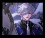  1boy alphinaud_leveilleur blue_eyes blurry blurry_background blurry_foreground braid closed_mouth earrings elezen elf final_fantasy final_fantasy_xiv hand_up highres holding jewelry mandaring0 one_eye_covered pointy_ears snow snowing solo white_hair 