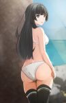  1girl absurdres ass bang_dream! bangs beach bikini black_hair black_legwear blunt_bangs blurry blurry_background breasts crying from_behind highres large_breasts long_hair looking_at_viewer parted_lips segina04 shirokane_rinko skindentation solo swimsuit thigh-highs thighs violet_eyes white_bikini 