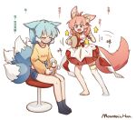  2girls :3 :d ah_zhong_(mountain_han) ahoge animal_ear_fluff animal_ears black_eyes blue_hair blue_shorts chinese_text clenched_teeth denim denim_shorts dress ears_down flower fox_ears fox_tail hair_flower hair_ornament instrument long_sleeves mountain_han multiple_girls multiple_tails open_mouth original pink_hair red_eyes short_shorts shorts signature simple_background single_thighhigh sitting smile stool tail tambourine teeth thigh-highs translation_request white_background white_dress white_legwear 