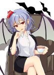  1girl absurdres alternate_costume bat_wings black_skirt chair crossed_legs cup eyebrows_visible_through_hair highres hira-san holding holding_cup looking_at_viewer miniskirt parted_lips pencil_skirt pointy_ears red_eyes remilia_scarlet ribbon shirt short_hair sitting skirt solo teacup touhou white_shirt wings 
