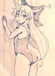  1girl ass breasts commentary_request covered_navel cowboy_shot d-m_(dii_emu) eyebrows_visible_through_hair eyelashes greyscale horns ibuki_suika long_hair looking_at_viewer monochrome one-piece_swimsuit oni_horns small_breasts swimsuit touhou traditional_media wall 