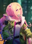  1girl absurdres bangs blonde_hair blue_eyes closed_mouth dos_(nisen22) forehead green_jacket green_nails highres jacket long_sleeves looking_at_viewer multicolored_nails nail_polish open_clothes open_jacket pink_nails puffy_long_sleeves puffy_sleeves twintails virtual_youtuber 