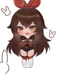  1girl :d amber_(genshin_impact) bangs black_gloves black_shorts blush boots brown_eyes brown_hair chibi commentary dokomon eyebrows_visible_through_hair full_body genshin_impact gloves hair_between_eyes hair_ribbon hands_up highres knee_boots long_hair long_sleeves looking_at_viewer red_ribbon ribbon short_shorts shorts shrug_(clothing) simple_background smile solo standing symbol-only_commentary very_long_hair white_background white_footwear 
