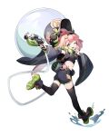  1girl absurdres bangs boots crop_top detached_sleeves gun hairband hat highres holding holding_gun holding_weapon looking_back muzixin0504 one_eye_closed open_mouth original pink_hair shorts simple_background smile solo tentacle_hair thigh-highs weapon white_background 