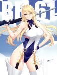  alternate_costume blonde_hair blue_eyes blue_gloves blue_leotard blue_sky boots breasts character_name clouds fingerless_gloves gloves gun highres iowa_(kancolle) kantai_collection large_breasts leotard odachu rifle sky star-shaped_pupils star_(symbol) symbol-shaped_pupils thigh-highs thigh_boots weapon white_legwear 
