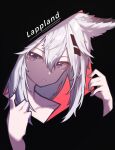  1girl absurdres animal_ears arknights bangs beudelb black_background character_name commentary disembodied_limb grey_eyes hair_between_eyes hair_ornament hairclip highres lappland_(arknights) long_hair looking_at_viewer silver_hair simple_background solo wolf_ears 