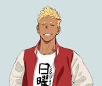  1boy apolo_(priapus) blonde_hair close-up clothes_writing collared_jacket dark-skinned_male dark_skin ear_piercing itto_(mentaiko) jacket looking_at_viewer male_focus open_clothes open_jacket original piercing priapus shirt short_eyebrows smile solo spiky_hair t-shirt upper_body yellow_eyes 