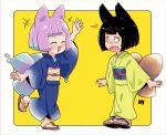  2girls :d :o animal_ears bangs black_hair bob_cut border closed_eyes flip-flops fox_ears fox_girl fox_tail full_body japanese_clothes kimono kukuri_(mawaru) long_sleeves mawaru_(mawaru) multiple_girls open_mouth original pink_hair sandals simple_background smile standing standing_on_one_leg surprised tail toes waving white_border yellow_background yellow_kimono 