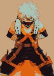  1boy arms_behind_back bakugou_katsuki black_footwear black_pants blonde_hair boku_no_hero_academia boots covered_mouth duct_tape explosive gag gagged grenade improvised_gag knee_pads kneeling limited_palette looking_at_viewer male_focus mkm_(mkm_storage) orange_background pants red_eyes signature solo spiky_hair tape tape_gag 