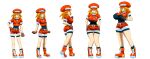  1girl alternate_breast_size ass belt blonde_hair boots breast_expansion breasts commission cropped_jacket english_commentary flat_chest green_eyes hat highres huge_breasts large_breasts medium_breasts mega_man_(series) mega_man_legends orange_footwear orange_headwear orange_shorts roll_caskett_(mega_man) shorts shorts_under_shorts small_breasts tomiokazchanz2023 transformation undersized_clothes 