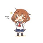  anchor_symbol black_legwear blue_sailor_collar blue_skirt brown_hair chibi commentary_request fang full_body hair_ornament hairclip hands_on_hips ikazuchi_(kancolle) kantai_collection karin. looking_at_viewer neckerchief pleated_skirt red_neckerchief sailor_collar school_uniform serafuku short_hair simple_background skin_fang skirt thigh-highs white_background 