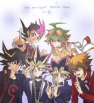  6+boys ahoge bangs belt belt_collar black_belt black_hair black_shirt blonde_hair blue_coat blue_eyes brown_eyes brown_gloves brown_hair chain closed_mouth coat collar commentary_request domino_high_school_uniform duel_academy_uniform_(yu-gi-oh!_gx) fudou_yuusei gloves goggles goggles_on_head green_hair grin hair_between_eyes jacket kiru_(sorr5042) korean_commentary looking_at_another looking_at_viewer looking_to_the_side male_focus millennium_puzzle multicolored_hair multiple_boys mutou_yuugi off_shoulder one_eye_closed open_mouth pink_eyes pink_hair pointing pointing_at_viewer pointing_up red_eyes red_jacket redhead sakaki_yuuya school_uniform shirt short_hair smile spiky_hair streaked_hair tsukumo_yuuma two-tone_hair upper_body v violet_eyes white_jacket yami_yuugi yellow_shirt yu-gi-oh! yu-gi-oh!_5d&#039;s yu-gi-oh!_arc-v yu-gi-oh!_duel_monsters yu-gi-oh!_gx yu-gi-oh!_zexal yuuki_juudai 