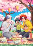  3boys ainudraws bento black_hair blue_eyes blue_hair closed_eyes dango eating food fruit green_eyes hair_between_eyes hasegawa_langa headband highres hood hoodie jacket kyan_reki long_sleeves looking_at_viewer male_focus messy_hair miya_(sk8) multiple_boys open_mouth orange_eyes redhead shirt short_hair simple_background sk8_the_infinity strawberry striped_sleeves upper_body wagashi white_background 