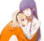  2girls black_hairband blonde_hair blue_hair closed_eyes collared_shirt eyebrows_visible_through_hair furude_rika hairband hands_on_another&#039;s_head higurashi_no_naku_koro_ni hood hoodie houjou_satoko hug long_hair long_sleeves multiple_girls necktie orange_hoodie pink_necktie school_uniform shirt short_hair smile st._lucia_academy_school_uniform usamin_(artist) violet_eyes white_shirt 