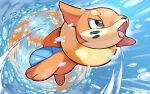  animal_focus buizel commentary_request fangs full_body grey_eyes hyou_(hyouga617) no_humans open_mouth pokemon pokemon_(creature) solo tongue water water_drop 