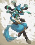  armlet closed_mouth floating_hair from_side full_body highres jewelry leg_up lucario nashimochi_4 pokemon pokemon_(creature) pokemon_(game) pokemon_unite red_eyes solo spikes 