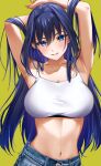 1girl absurdres armpits arms_behind_head arms_up bangs blue_eyes blue_hair blush breasts collarbone crop_top denim hair_between_eyes hair_intakes highres hololive hololive_english jeans large_breasts long_hair looking_at_viewer navel ouro_kronii pants parted_lips simple_background smile solo sosuke_(yrmon) stomach twitter_username very_long_hair virtual_youtuber 