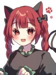  1girl :d animal_ears bangs black_bow blunt_bangs blush bow braid cat_ears dress eyebrows_visible_through_hair fang hair_bow kaenbyou_rin long_sleeves looking_at_viewer open_mouth paw_pose paw_print paw_print_background red_eyes redhead simple_background siomi_403 smile solo touhou twin_braids twintails upper_body white_background 