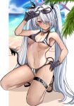  1girl absurdres bangs beach bikini black_bikini black_choker black_gloves black_swimsuit blue_archive blush bow breasts choker closed_mouth demon_tail eyebrows_visible_through_hair eyewear_on_head full_body gloves hair_between_eyes hair_bow hair_over_one_eye hand_on_eyewear hand_on_hip highres iori_(blue_archive) kneeling long_hair looking_at_viewer navel pointy_ears rudang sandals silver_hair simple_background small_breasts smile solo swimsuit tail twintails very_long_hair violet_eyes wet 