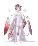  1girl animal arms_at_sides bare_shoulders bird breasts brown_hair choker dress flower frilled_choker frills grey_eyes grimlight hair_flower hair_ornament high_heels highres holding holding_weapon looking_at_viewer mace official_art parted_lips rose seol short_hair simple_background small_breasts snow_white_(grimlight) solo standing transparent_background weapon 