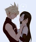  1boy 1girl black_hair blonde_hair blue_eyes blush caress closed_eyes cloud_strife detached_sleeves final_fantasy final_fantasy_vii final_fantasy_vii_remake hand_on_another&#039;s_cheek hand_on_another&#039;s_chest hand_on_another&#039;s_face hands heart highres long_hair looking_at_another mercy_(myrrcy) spiky_hair suspenders tank_top tifa_lockhart turtleneck 