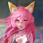  1girl animal_ears bare_shoulders blurry blurry_background blush breasts collarbone commentary_request eyebrows_visible_through_hair eyelashes facing_viewer forehead fox_ears fox_girl hair_between_eyes hair_over_breasts hair_over_shoulder heterochromia highres long_hair looking_at_viewer lower_teeth m_alexa open_mouth original patreon_username pink_hair pink_lips shadow shiny shiny_hair signature slit_pupils solo teeth upper_body yellow_eyes 