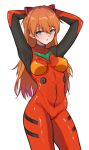  1girl armpits arms_behind_head bangs blue_eyes bodysuit breasts breasts_apart cowboy_shot erenav eyebrows_visible_through_hair hair_between_eyes hair_ornament highres legs_apart long_hair looking_at_viewer neon_genesis_evangelion open_mouth orange_hair plugsuit red_bodysuit shiny shiny_clothes shirt simple_background solo souryuu_asuka_langley symbol-only_commentary white_shirt 