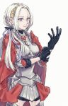  1girl adjusting_clothes adjusting_gloves alternate_costume alternate_hairstyle armor breastplate breasts cape closed_mouth edelgard_von_hresvelg fire_emblem fire_emblem:_three_houses fire_emblem_warriors:_three_hopes gloves hair_ornament hair_ribbon highres ichi27ichi long_hair long_sleeves looking_at_viewer official_alternate_costume official_alternate_hairstyle red_cape ribbon simple_background skirt smile solo violet_eyes white_hair 