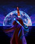  1girl blush_stickers elden_ring hat highres holding holding_wand long_sleeves looking_at_viewer moon pixel_art pixelianska red_headwear red_robe rennala_queen_of_the_full_moon robe solo standing wand wizard_hat 