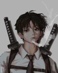 1boy black_hair black_necktie chainsaw_man cigarette earrings formal grey_background highres jewelry katana kishibe_(chainsaw_man) looking_at_viewer necktie scar scar_on_cheek scar_on_face simple_background smoke smoking solo solo_focus suit sword taorotana weapon 