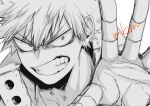  1boy angry bakugou_katsuki boku_no_hero_academia clenched_teeth greyscale male_focus mkm_(mkm_storage) monochrome reaching_out signature simple_background sketch solo spiky_hair spot_color teeth v-shaped_eyebrows white_background 