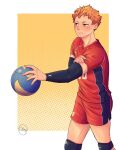  ainudraws blush haikyuu!! highres hinata_shouyou holding male_focus multiple_boys orange_eyes orange_hair shirt short_hair signature simple_background sportswear volleyball volleyball_uniform white_background 