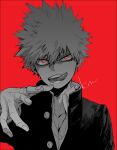 1boy bakugou_katsuki blonde_hair boku_no_hero_academia gakuran looking_at_viewer male_focus mkm_(mkm_storage) reaching_out red_background red_eyes school_uniform signature simple_background solo spiky_hair teeth tongue tongue_out upper_body 