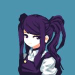  1girl 4qw5 apron black_hair closed_mouth collared_shirt jill_stingray looking_at_viewer lowres pixel_art shirt twintails va-11_hall-a violet_eyes white_shirt 