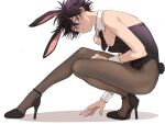  1boy alternate_costume animal_ears bangs bare_shoulders black_bow black_footwear black_hair black_legwear black_leotard black_necktie bow crossdressing detached_collar full_body fushiguro_megumi green_eyes hair_between_eyes high_heels highres jujutsu_kaisen leotard looking_at_viewer m167cm male_focus male_playboy_bunny necktie outstretched_leg pantyhose parted_lips rabbit_ears rabbit_tail shadow short_hair simple_background solo spiky_hair squatting strapless strapless_leotard symbol-only_commentary tail white_background wrist_cuffs 