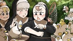  3girls :d ^_^ animal_on_head animal_on_shoulder bandaid banner bird blonde_hair blue_eyes bow bowtie brown_eyes brown_hair bush cat catholic chicken closed_eyes commentary crying crying_with_eyes_open diva_(hyxpk) duck duckling earthworm english_commentary freckles frog frog_headband green_neckwear grey_hair habit hand_net hand_on_another's_head highres holding holding_sign hook-bang_nun_(diva) injury jar kitten leaf leaf_on_head little_nuns_(diva) magnifying_glass multiple_girls nun on_head ostrich outdoors pointing protagonist_nun_(diva) rope_around_waist sheep_nun_(diva) sign sleeves_rolled_up smile star_(symbol) stepped_on sweatdrop tears triangle_mouth wavy_eyes worms 